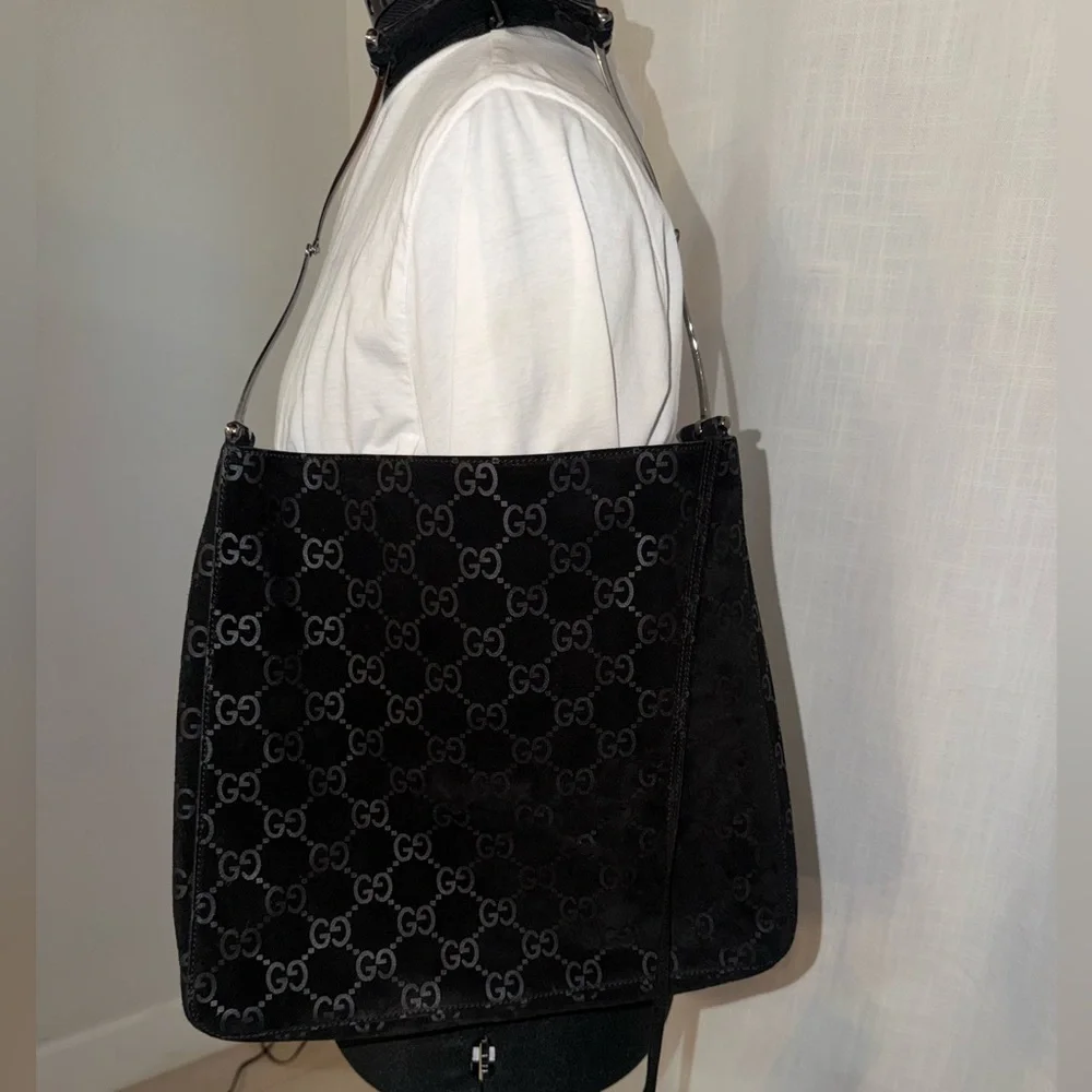 RARE Vintage Gucci Black Suede Monogram Metal Horsebit Strap Hobo Bag - Picture 4 of 17